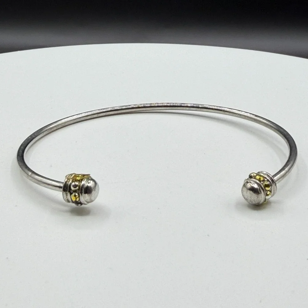 Silver Tone Open Cuff Bracelet Yellow Crystal Beaded End Caps Minimalist Jewelry